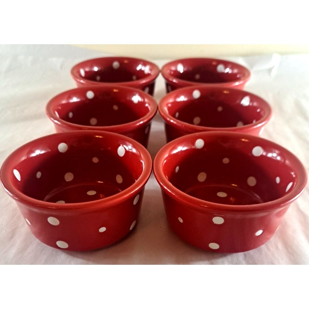 Temptations Ramekins Small Bowls Red & White Polka Dot 6 oz Round Set Of 6